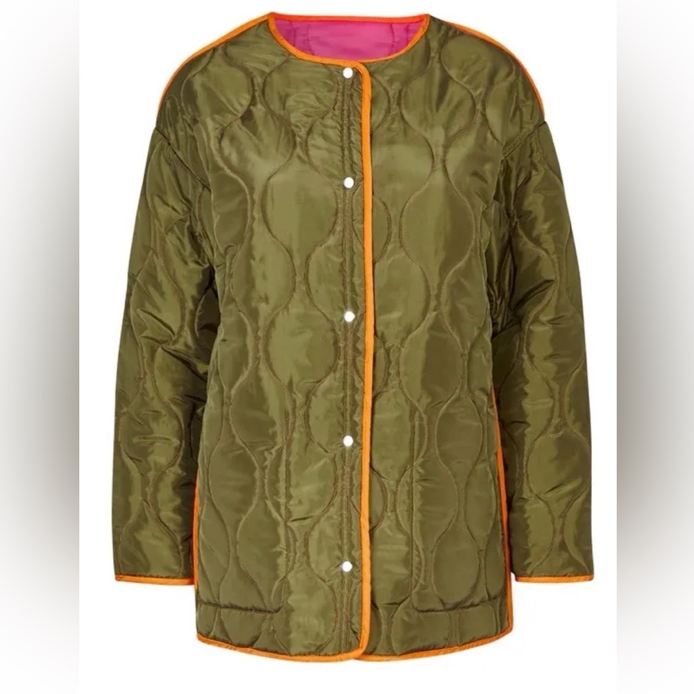 Never Fully Dressed Reversible Quilted Puffer Jacket - Olive/Hot Pink